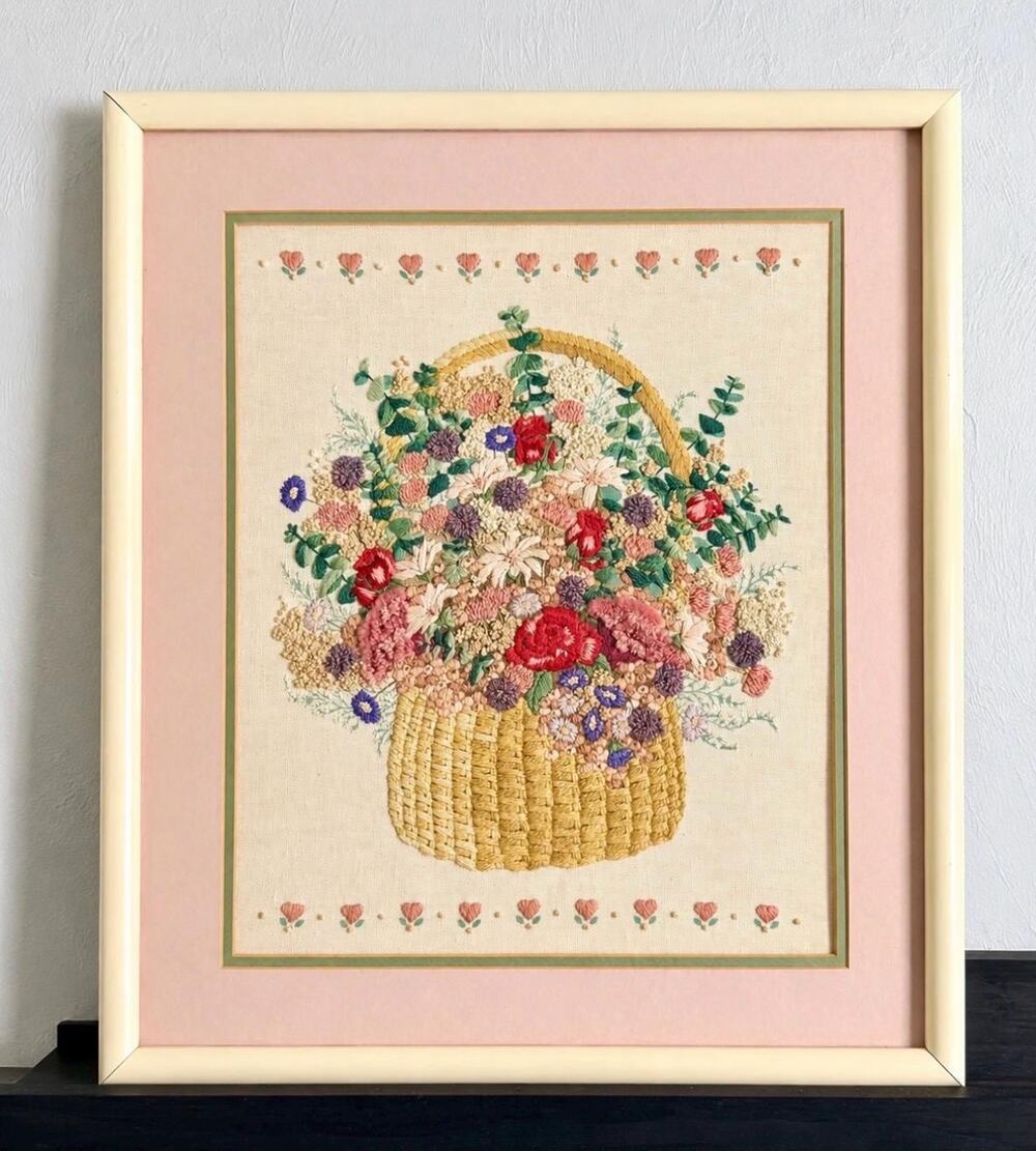 Vintage Floral Basket Embroidery Framed Needlework Crewel Style Wall Decor 1980s